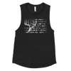 A Womens Muscle Tank Top with a whitetail buck on it that is the skull and antlers over a camo flag pattern in black