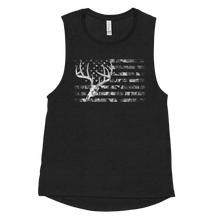  A Womens Muscle Tank Top with a whitetail buck on it that is the skull and antlers over a camo flag pattern in black