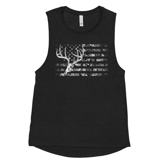 A Womens Muscle Tank Top with a whitetail buck on it that is the skull and antlers over a camo flag pattern in black