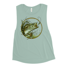  Womens Muscle Tank Top in green with the River to Ridge Clothing Brand Bass Fishing Logo
