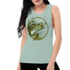 Womens Muscle Tank Top in green with the River to Ridge Clothing Brand Bass Fishing Logo; close up of a woman wearing it with long dark hair