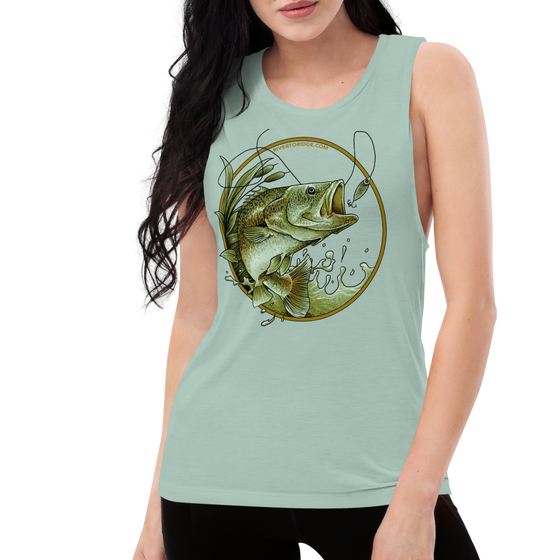 Womens Muscle Tank Top in green with the River to Ridge Clothing Brand Bass Fishing Logo; close up of a woman wearing it with long dark hair