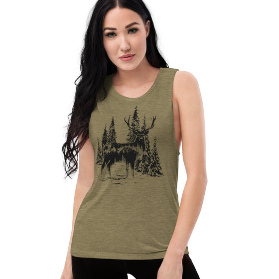 Woodland Logo Womens muscle tank top in olive green with a stag on it in the woods, antlers from River to Ridge Brand