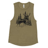 womans muscle tank top T shirt with a Red STag on it in the forest in olive green, river to ridge brand