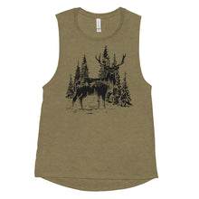  womans muscle tank top T shirt with a Red STag on it in the forest in olive green, river to ridge brand