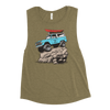 Womens Muscle Tank Top with a drawing of a Bronco with big tires and a kayak on top up on a big rock from the Brand River to Ridge
