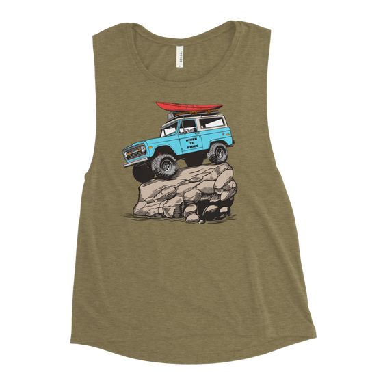 Womens Muscle Tank Top with a drawing of a Bronco with big tires and a kayak on top up on a big rock from the Brand River to Ridge