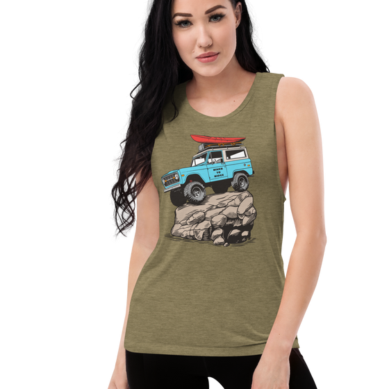 Woman wearing Womens Muscle Tank Top with a drawing of a Bronco with big tires and a kayak on top up on a big rock from the Brand River to Ridge