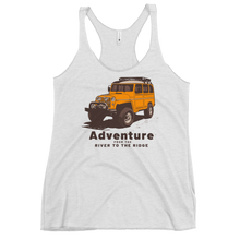  Womens Adventure tank top from River to Ridge Brand. Featuring a yellow land cruiser with big tires for offroading