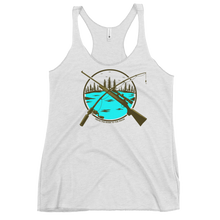  Womans tank top in ash white with the River to Ridge Hunting and Fishing Logo on it with both a fishing road and rifle crossing over a river scene
