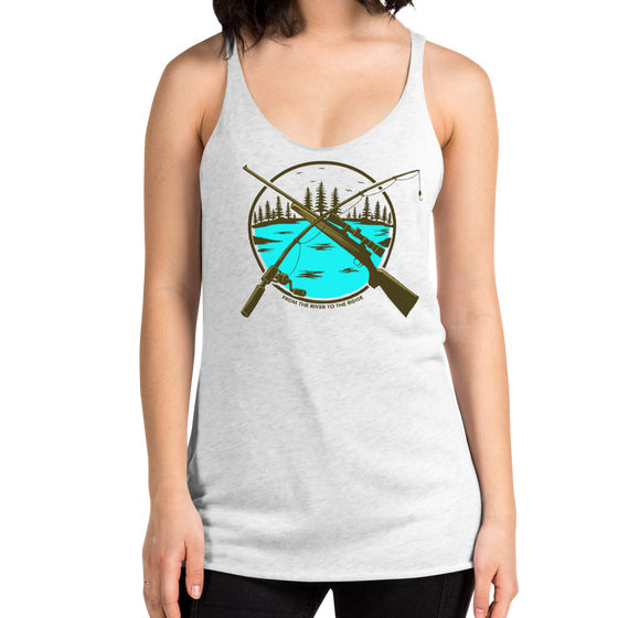 Womans tank top in ash white with the River to Ridge Hunting and Fishing Logo on it with both a fishing road and rifle crossing over a river scene