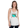 Womans tank top in ash white with the River to Ridge Hunting and Fishing Logo on it with both a fishing road and rifle crossing over a river scene