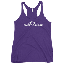  Womans tank top in purple with the River to Ridge logo brand on it with mountains in white