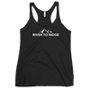 Womens tank top in heather black with the river to ridge logo on it with mountains