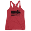 River to Ridge womens tank top in red with the Sportsmans Flag on it. Flag has the USA flag plus fishing for bass, elk antlers, duck hunting, fishing pole for fly fishing in the flag