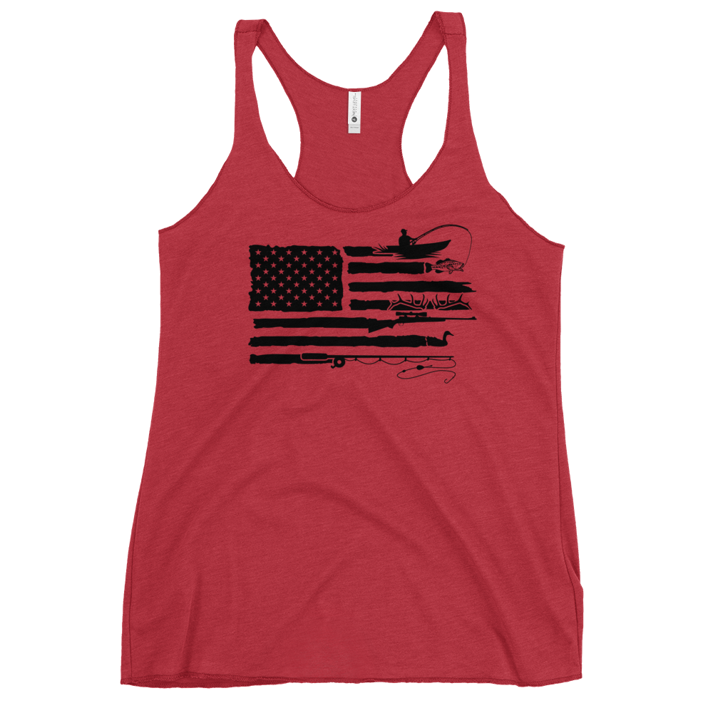  River to Ridge womens tank top in red with the Sportsmans Flag on it. Flag has the USA flag plus fishing for bass, elk antlers, duck hunting, fishing pole for fly fishing in the flag