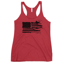  River to Ridge womens tank top in red with the Sportsmans Flag on it. Flag has the USA flag plus fishing for bass, elk antlers, duck hunting, fishing pole for fly fishing in the flag