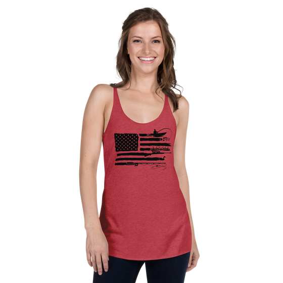 Woman wearing a red tank top with a long waist featuring the River to Ridge sportsmans flag on it, fishing, shed hunting, duck hunting all are included in the graphic of the USA flag