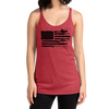 Woman wearing a red River to Ridge Brand tank top with a sportsmans flag on it where the USA flag has stripes that include kayak fishing, bass, antlers from an elk, fly fishing and goose hunting
