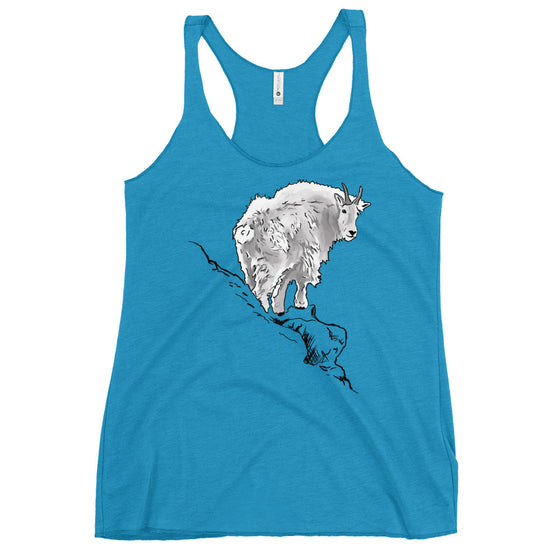 turquoise blue tank top with a mountain goat on it, womens