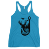 womens turquoise tank top with a logo in black of a fishing hook with a bass and also a whitetail deer buck and some ducks flying