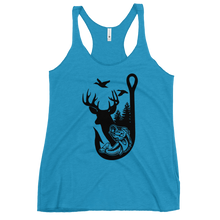  womens turquoise tank top with a logo in black of a fishing hook with a bass and also a whitetail deer buck and some ducks flying