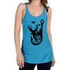 Woman wearing a turquoise tank top with a logo of a bass and a fishing hook with a whitetail deer buck and ducks flying for river to ridge brand