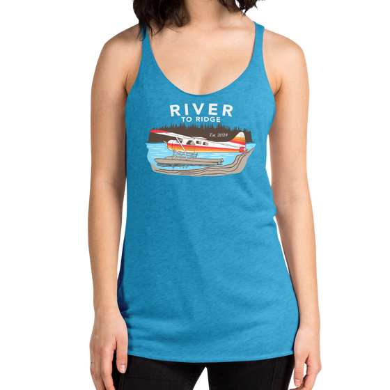 Womens Backcountry Taxi Bush Plane Logo tank top from River to Ridge Clothing Brand, Alaska bush plane Otter on a lake on floats in turquoise