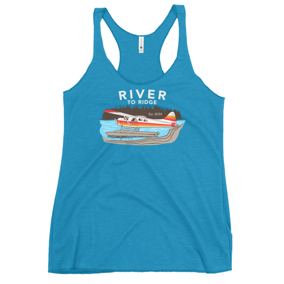 Womens Backcountry Taxi Bush Plane Logo tank top from River to Ridge Clothing Brand, Alaska bush plane Otter on a lake on floats - tank in turquoise
