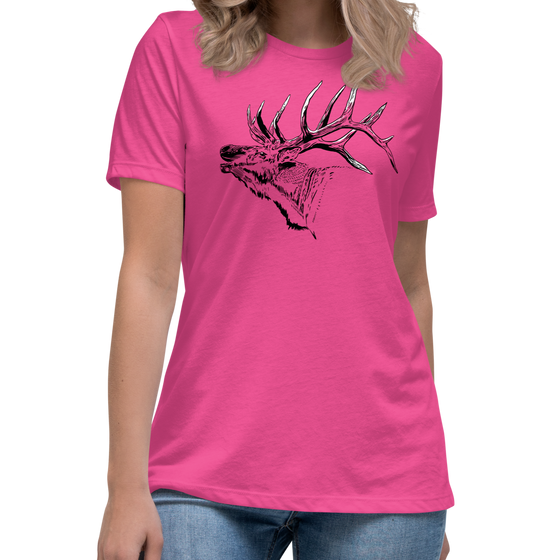 Womens Elk Logo T shirt from River to Ridge in hot pink / berry on a woman with blonde hair