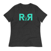 Womans T shirt from River to Ridge Brand in teal and charcoal heather with the R2R Logo on it with mountains and backwards R