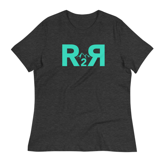 Womans T shirt from River to Ridge Brand in teal and charcoal heather with the R2R Logo on it with mountains and backwards R