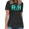 Woman wearing River to Ridge Brand R2R Logo T shirt in charcoal and teal with mountains on it