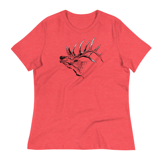 Elk Logo on Womens T shirt laying flat in heather red