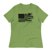  womens relaxed t shirt with the sportsman flag logo on it from river to ridge brand. T shirt is lime green and the flag has bass fishing, elk antlers, duck hunting, fly fishing all integrated into the american flag
