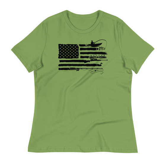 womens relaxed t shirt with the sportsman flag logo on it from river to ridge brand. T shirt is lime green and the flag has bass fishing, elk antlers, duck hunting, fly fishing all integrated into the american flag