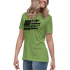 woman wearing a lime green t shirt from river to ridge brand. The shirt has a logo of the american flag and in some of the stripes there is bass fishing, fly fishing pole, elk antler sheds, goose hunting 