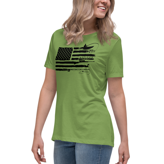 woman wearing a lime green t shirt from river to ridge brand. The shirt has a logo of the american flag and in some of the stripes there is bass fishing, fly fishing pole, elk antler sheds, goose hunting 