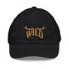 Kids WILD Logo hat from River to Ridge Brand. featuring the Stay Wild logo in gold stitching with elk antlers on the I and L