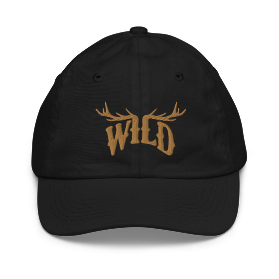 Kids WILD Logo hat from River to Ridge Brand. featuring the Stay Wild logo in gold stitching with elk antlers on the I and L