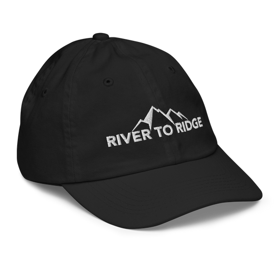 Kids River to Ridge Logo hat in black with our mountain logo stitched in white