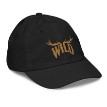  Kids WILD Logo hat from River to Ridge Brand. featuring the Stay Wild logo in gold stitching with elk antlers on the I and L