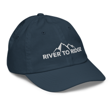  Kids River to Ridge Logo hat in navy blue with our mountain logo
