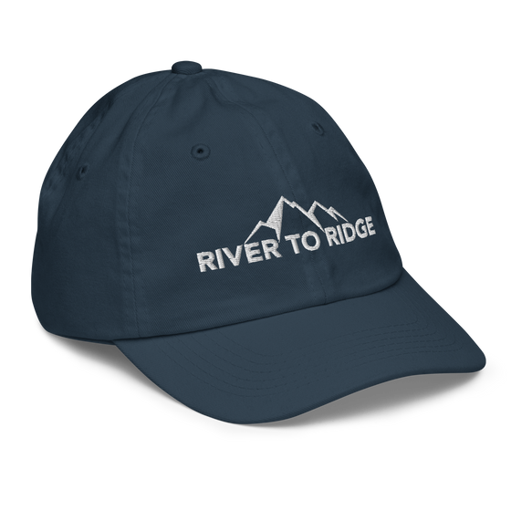 Kids River to Ridge Logo hat in navy blue with our mountain logo