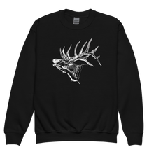  Youth Sweatshirt in black with bugling elk on it with antlers and face in white from the brand River to Ridge