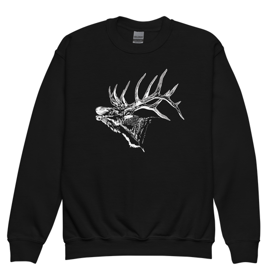 Youth Sweatshirt in black with bugling elk on it with antlers and face in white from the brand River to Ridge