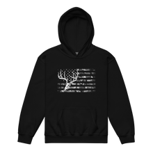  Kids Hoodie featuring the River to Ridge Brand whitetail flag logo with a camo flag and a drawing of a whitetail deer skull and antlers