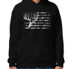 Kids Hoodie featuring the River to Ridge Brand whitetail flag logo with a camo flag and a drawing of a whitetail deer skull and antlers on a black hoodie