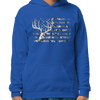 Kids Hoodie featuring the River to Ridge Brand whitetail flag logo with a camo flag and a drawing of a whitetail deer skull and antlers on a blue hoodie