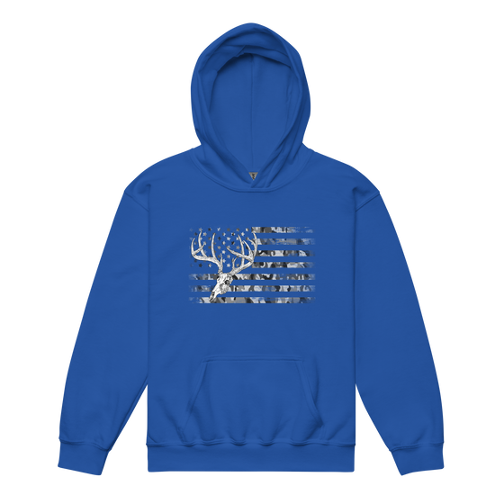 Kids Hoodie featuring the River to Ridge Brand whitetail flag logo with a camo flag and a drawing of a whitetail deer skull and antlers on a blue hoodie